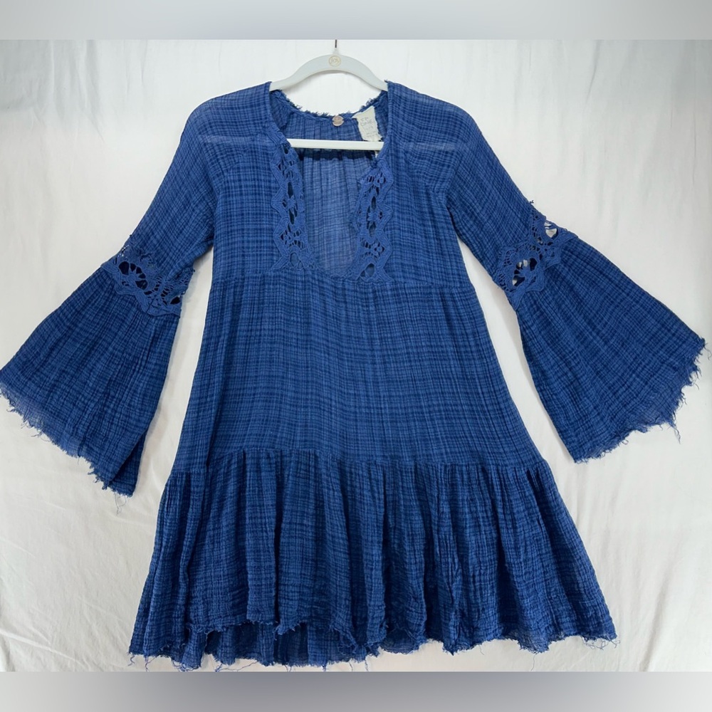 Free People One Blue Gauze Sheer Lace Trim V Neck Long Sleeve Midi Dress Size XS